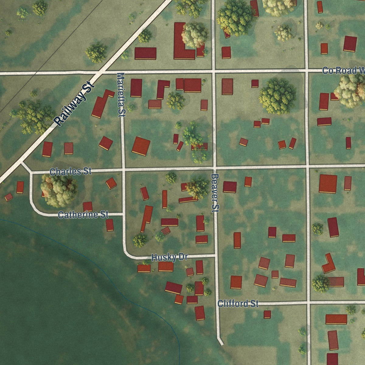Close-up of the map of Hillrose, Colorado print showing street and building detail