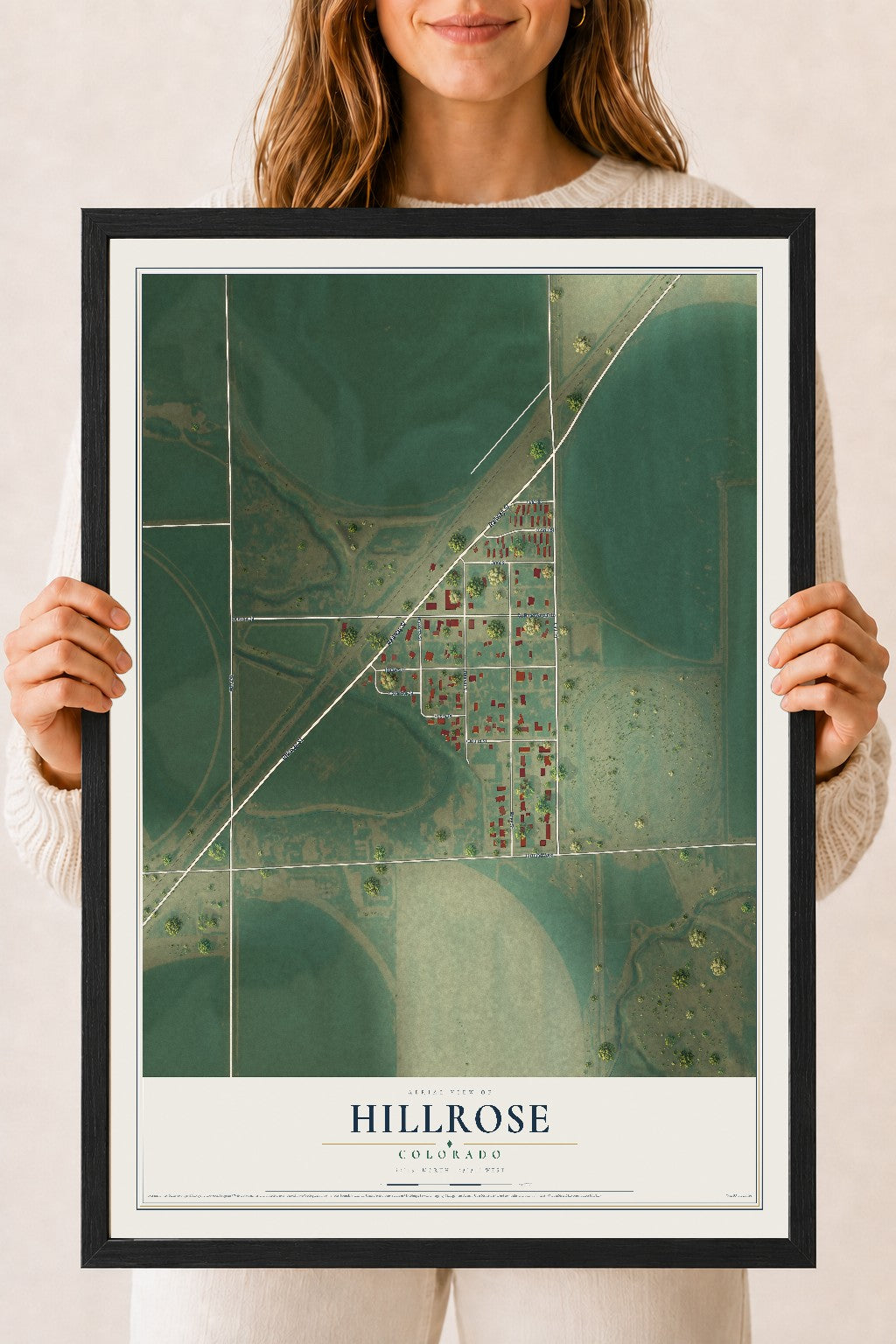 Map of Hillrose, Colorado, 18 x 24 inch print in a black wood frame