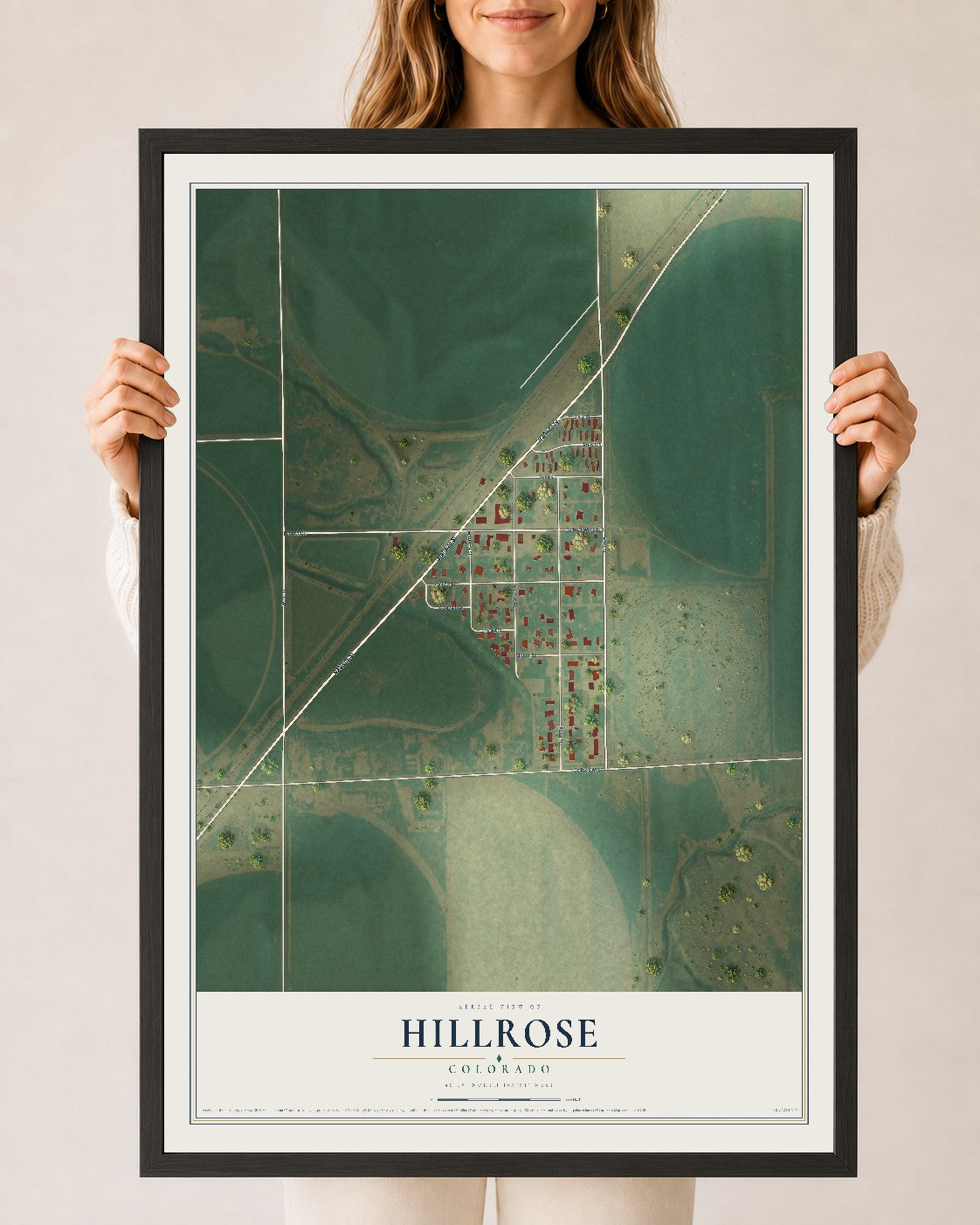 Map of Hillrose, Colorado, 24 x 36 inch print in a black wood frame