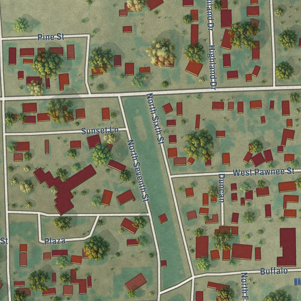 Second close-up of the map of Holly, Colorado print showing more streets and buildings