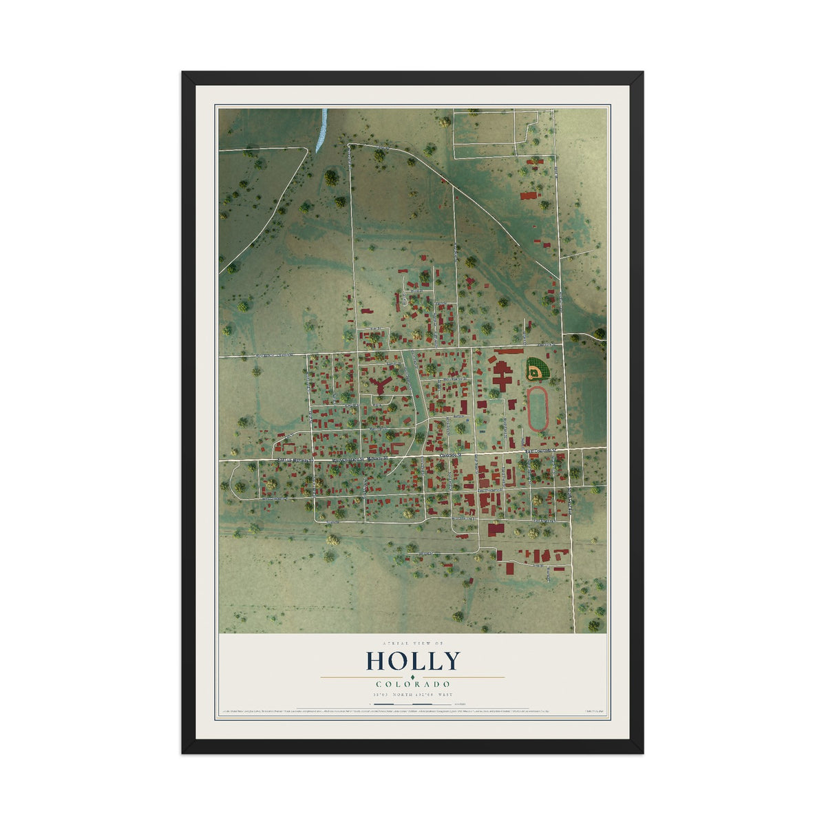 Map of Holly, Colorado, 12 x 18 inch print in a black wood frame