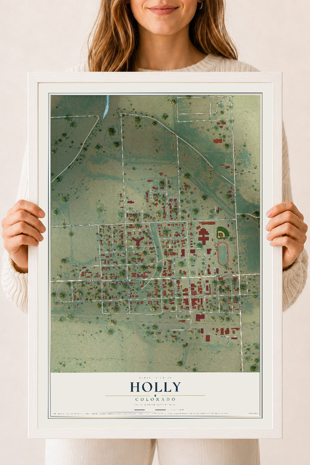 Map of Holly, Colorado, 18 x 24 inch print in a white wood frame