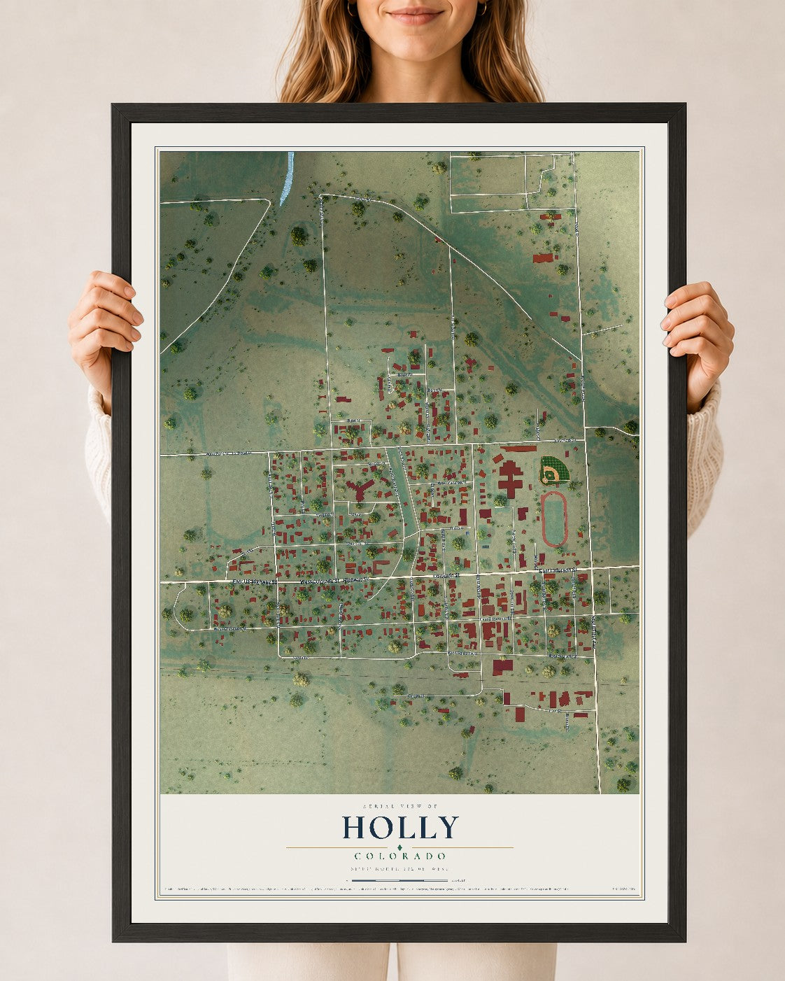 Map of Holly, Colorado, 24 x 36 inch print in a black wood frame