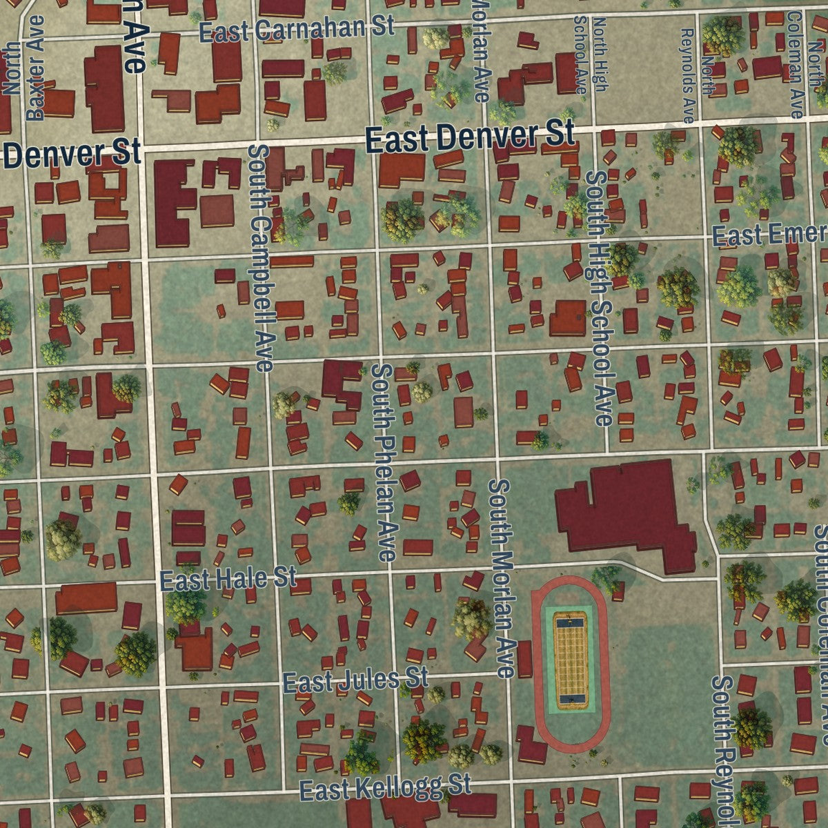 Close-up of the map of Holyoke, Colorado print showing street and building detail