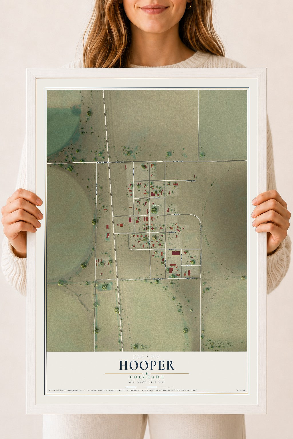 Map of Hooper, Colorado, 18 x 24 inch print in a white wood frame