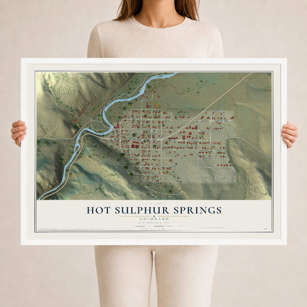 Map of Hot Sulphur Springs, Colorado, 24 x 36 inch print in a white wood frame