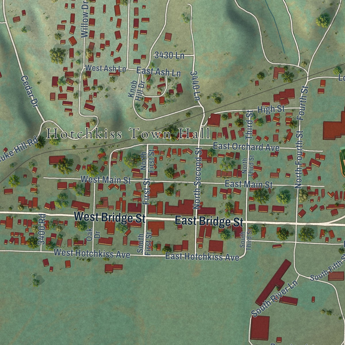 Close-up of the map of Hotchkiss, Colorado print showing street and building detail