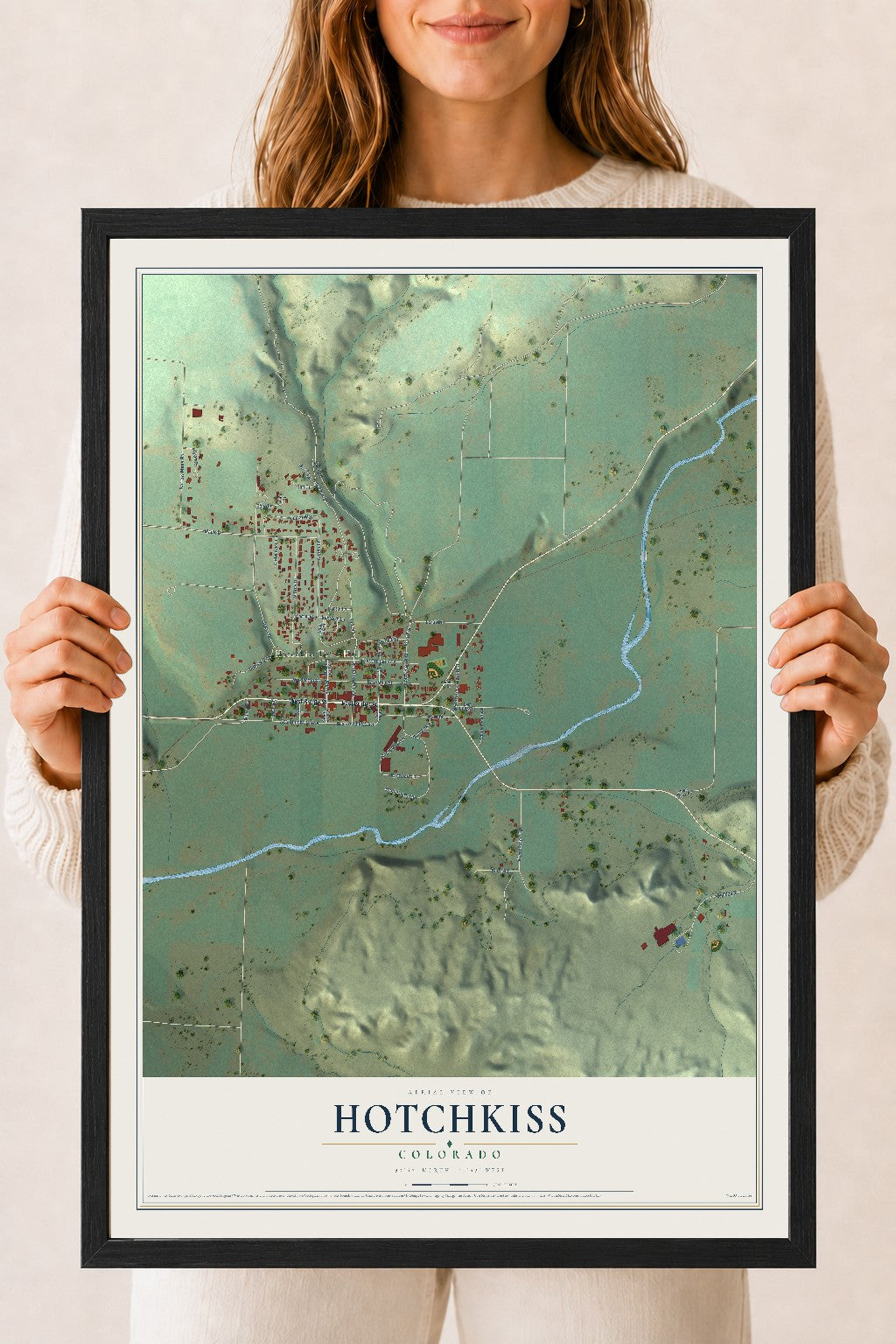 Map of Hotchkiss, Colorado, 18 x 24 inch print in a black wood frame