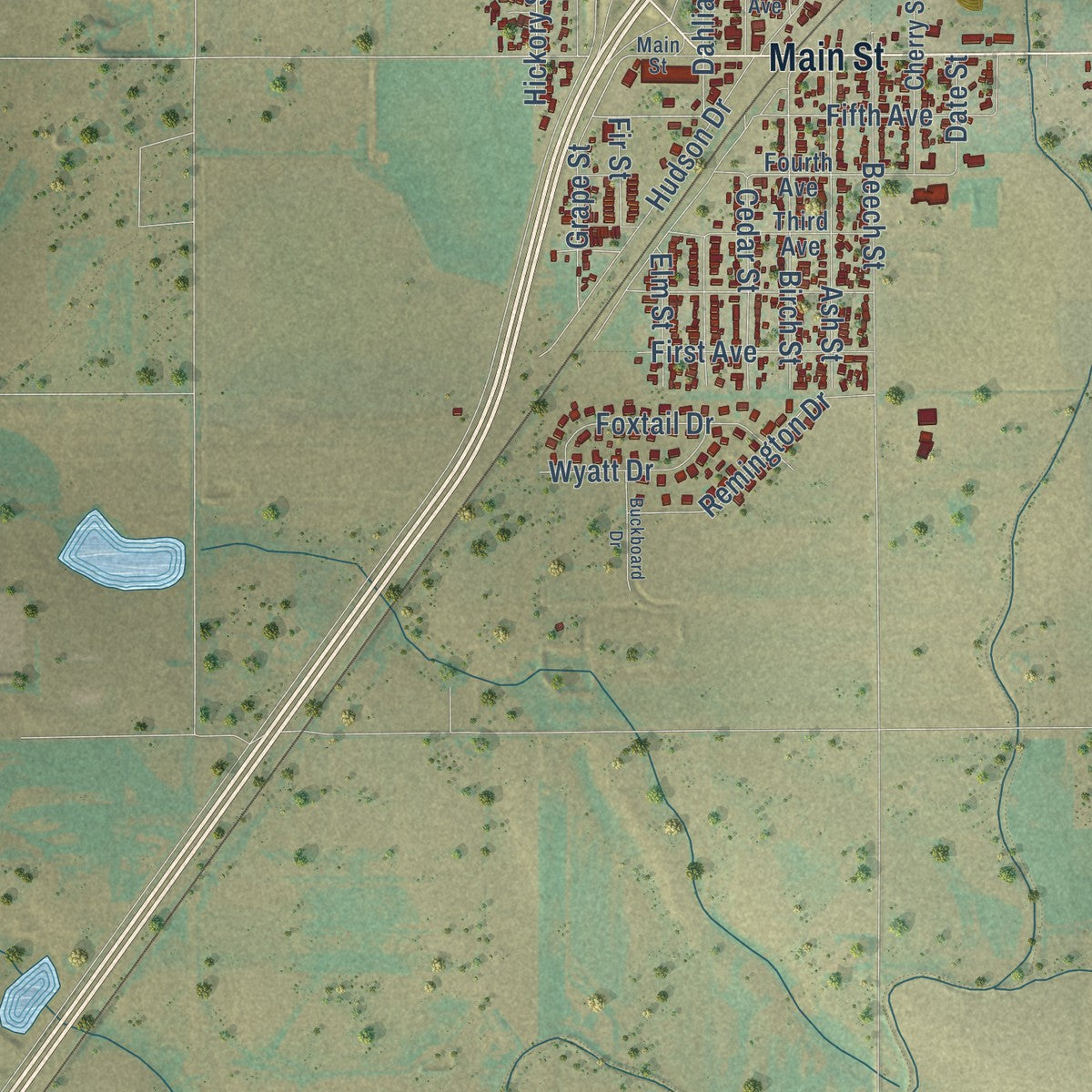 Close-up of the map of Hudson, Colorado print showing street and building detail