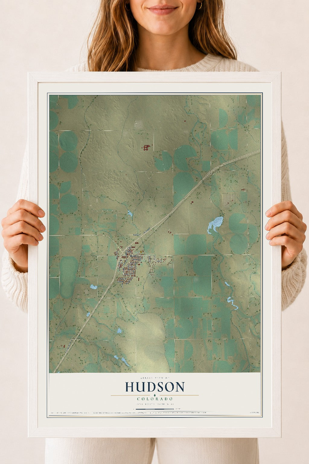Map of Hudson, Colorado, 18 x 24 inch print in a white wood frame