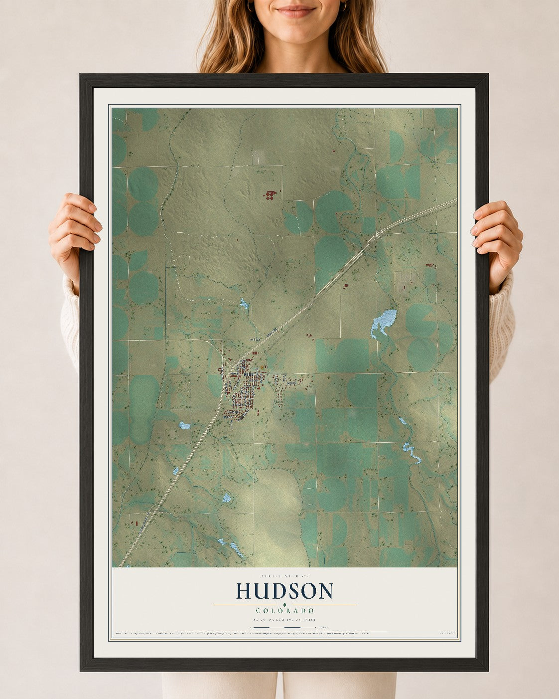 Map of Hudson, Colorado, 24 x 36 inch print in a black wood frame