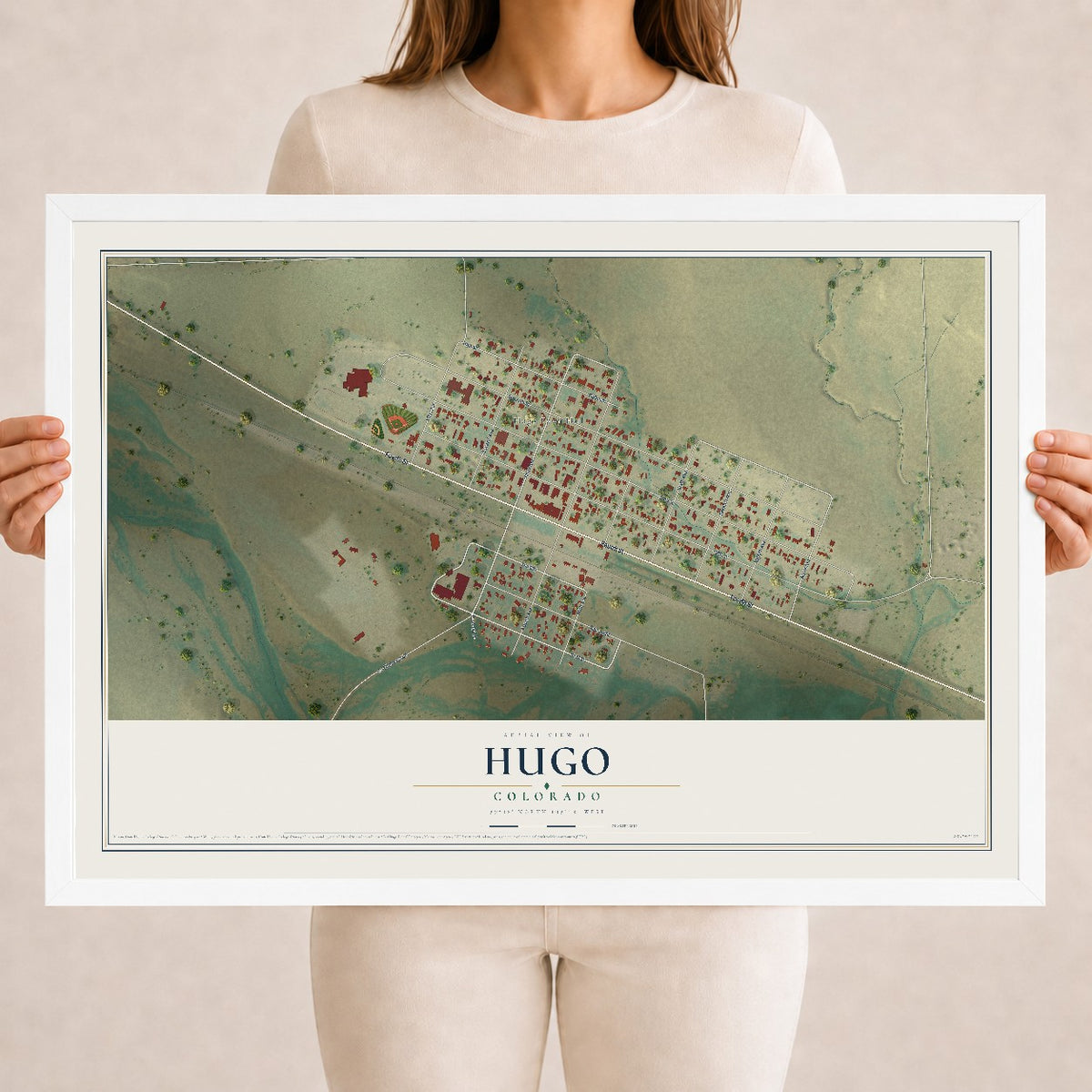 Map of Hugo, Colorado, 18 x 24 inch print in a white wood frame