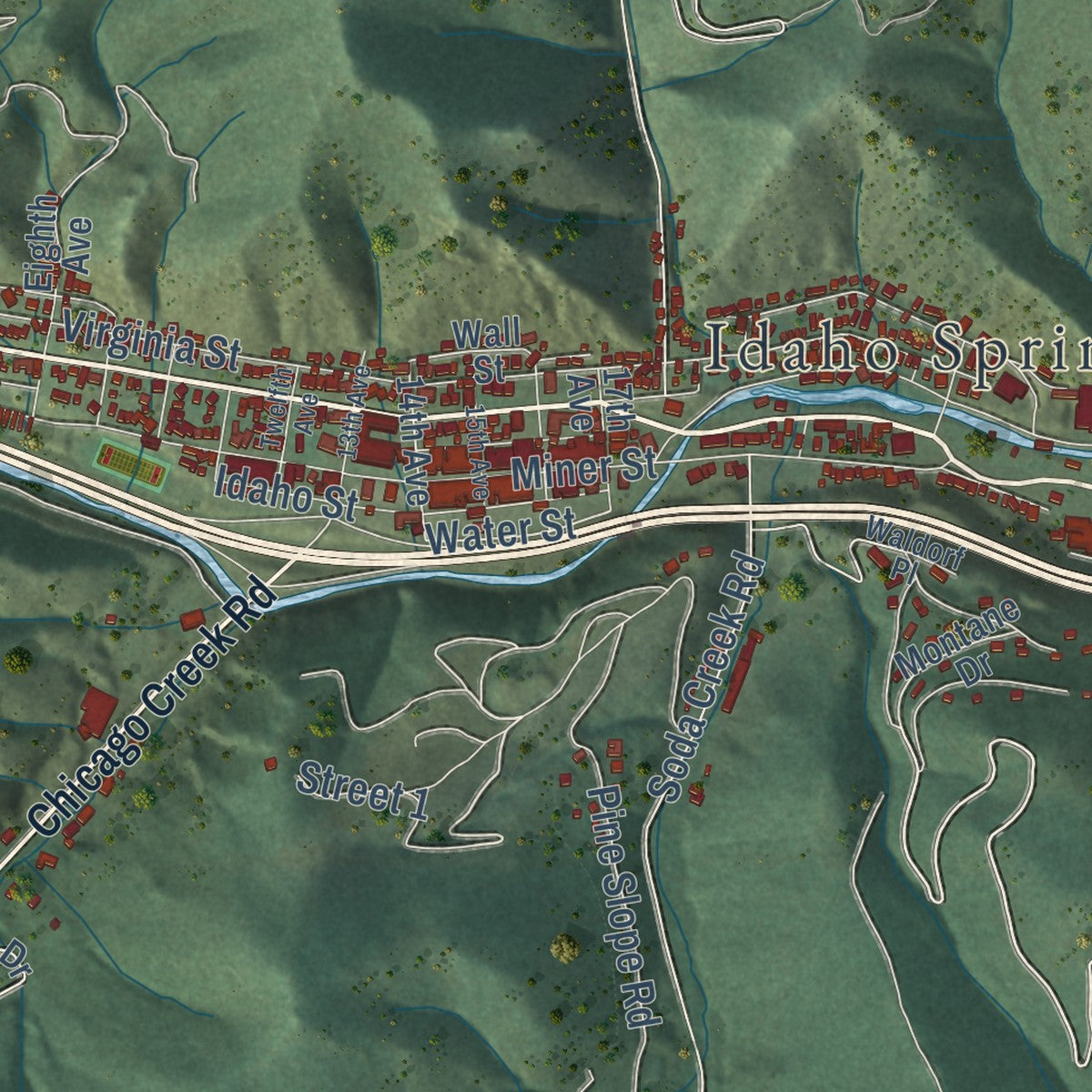 Close-up of the map of Idaho Springs, Colorado print showing street and building detail