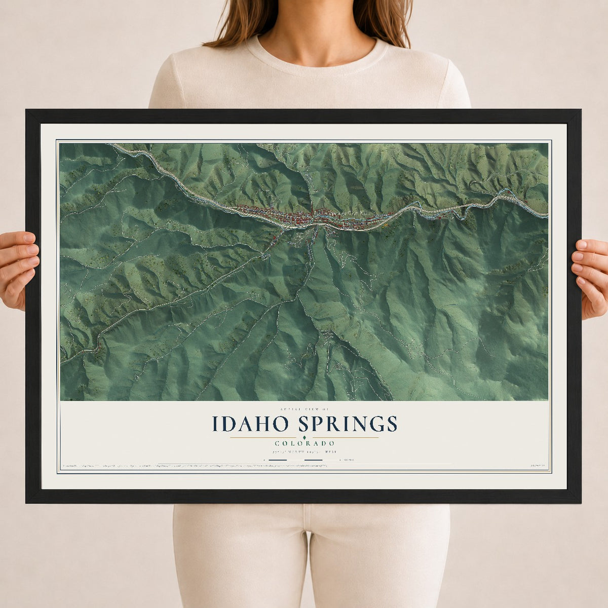 Map of Idaho Springs, Colorado, 18 x 24 inch print in a black wood frame