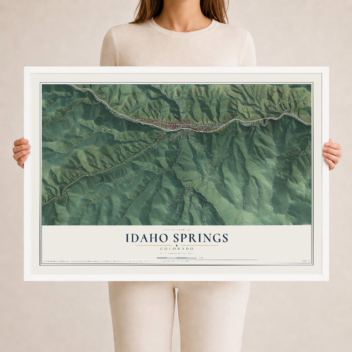 Map of Idaho Springs, Colorado, 24 x 36 inch print in a white wood frame