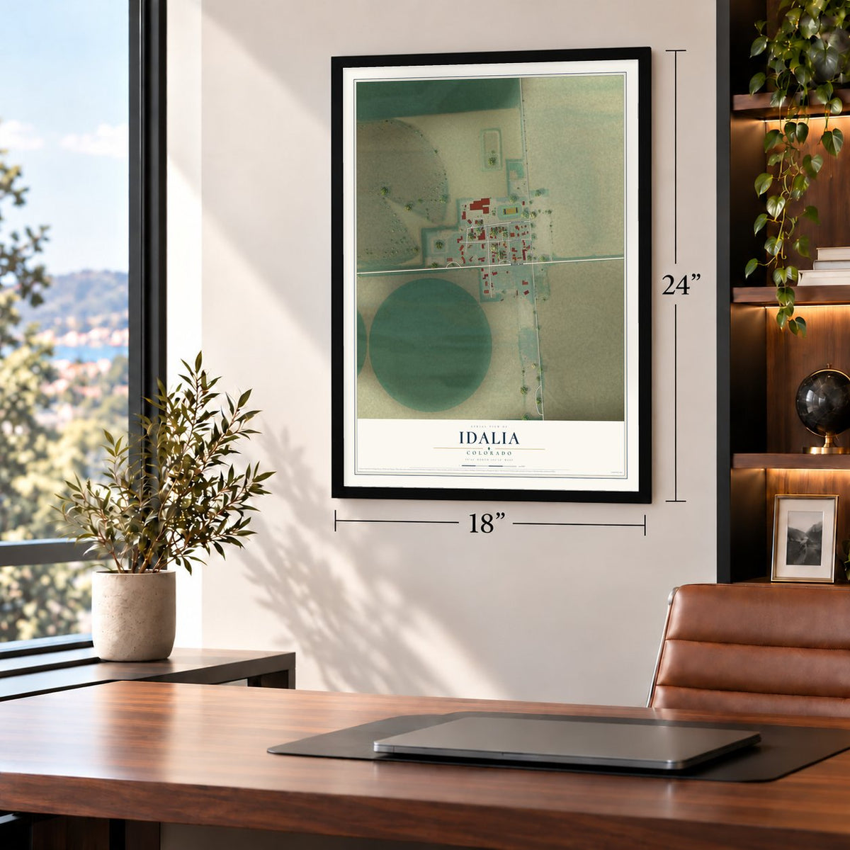 Idalia, Colorado map, 18 x 24 inch print in a black frame in a home office
