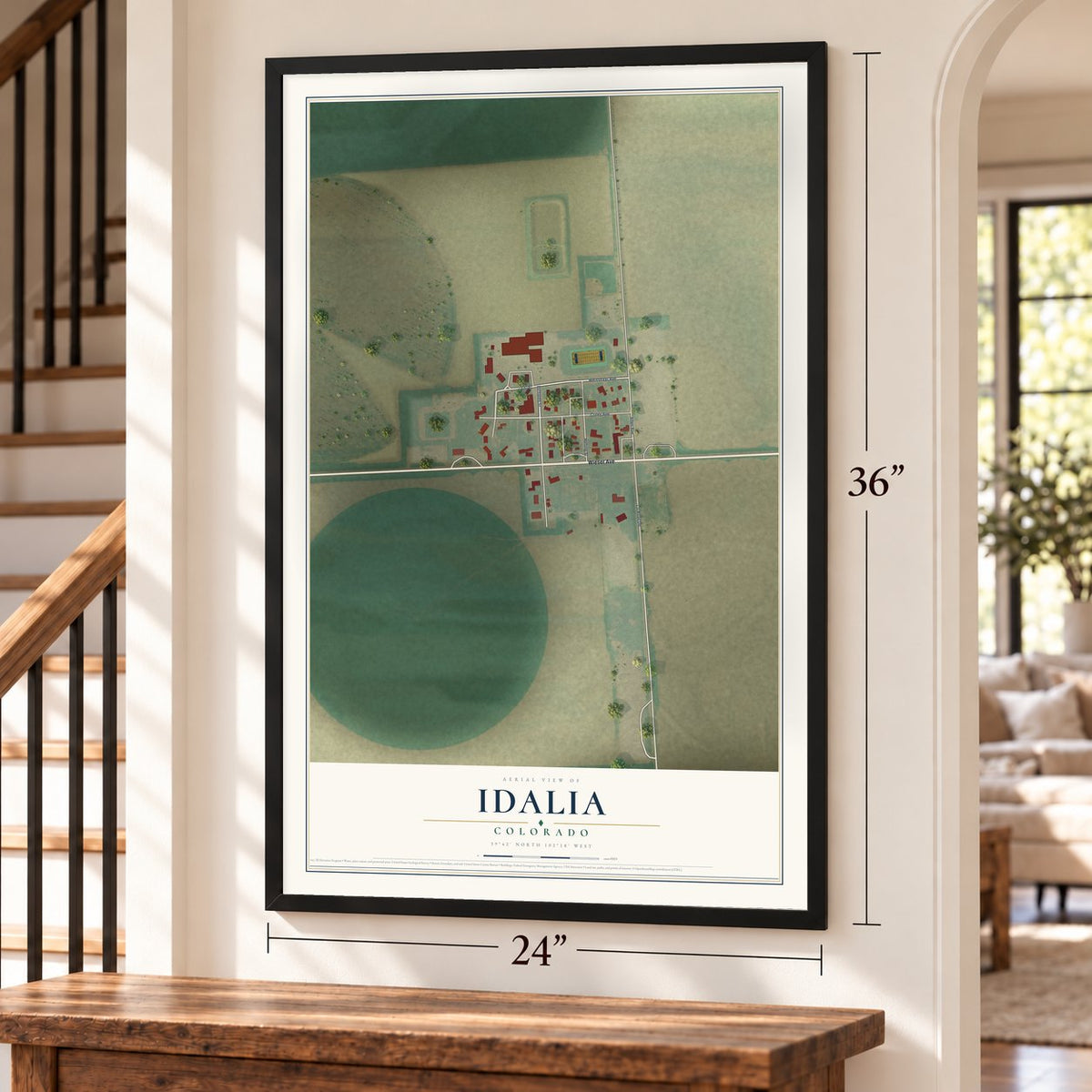 Idalia, Colorado map, 24 x 36 inch print in a black frame by a staircase