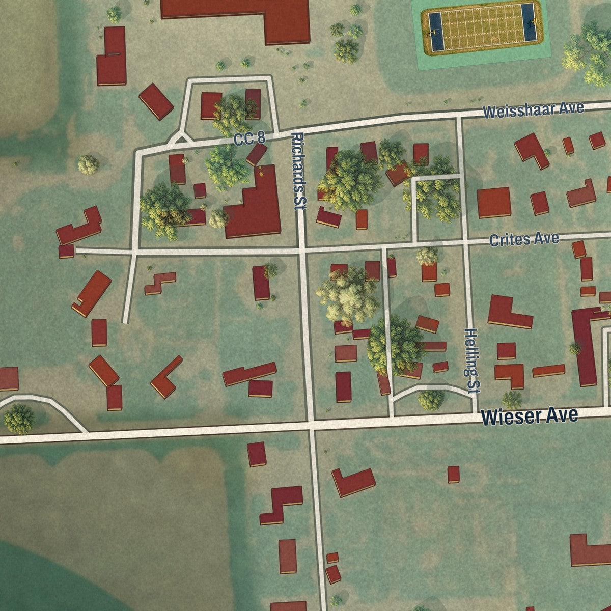 Close-up of the map of Idalia, Colorado print showing street and building detail