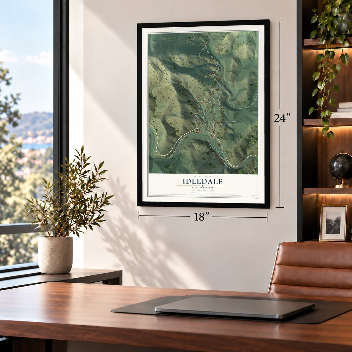 Idledale, Colorado map, 18 x 24 inch print in a black frame in a home office