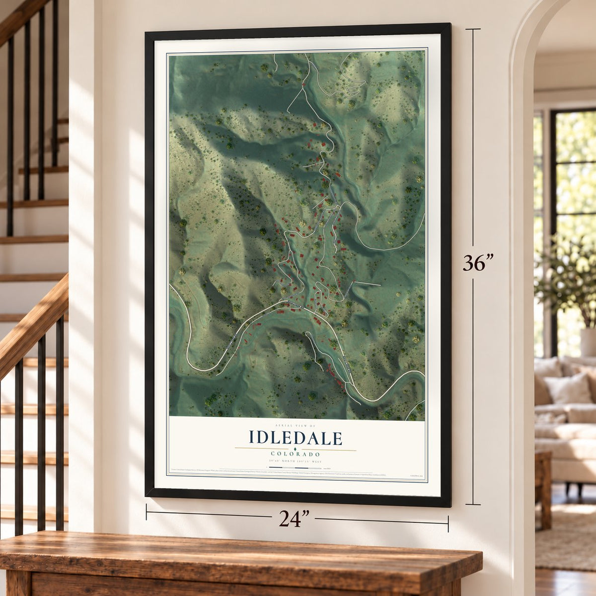 Idledale, Colorado map, 24 x 36 inch print in a black frame by a staircase