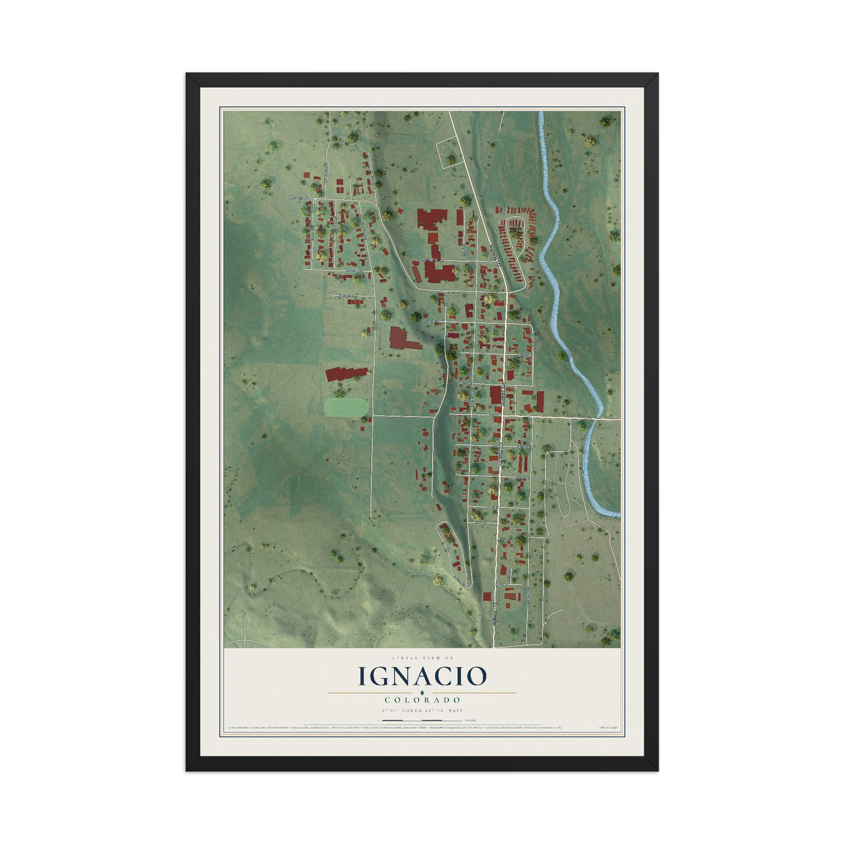 Map of Ignacio, Colorado, 12 x 18 inch print in a black wood frame