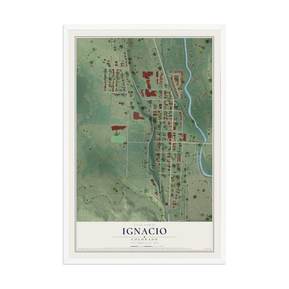Map of Ignacio, Colorado, 12 x 18 inch print in a white wood frame