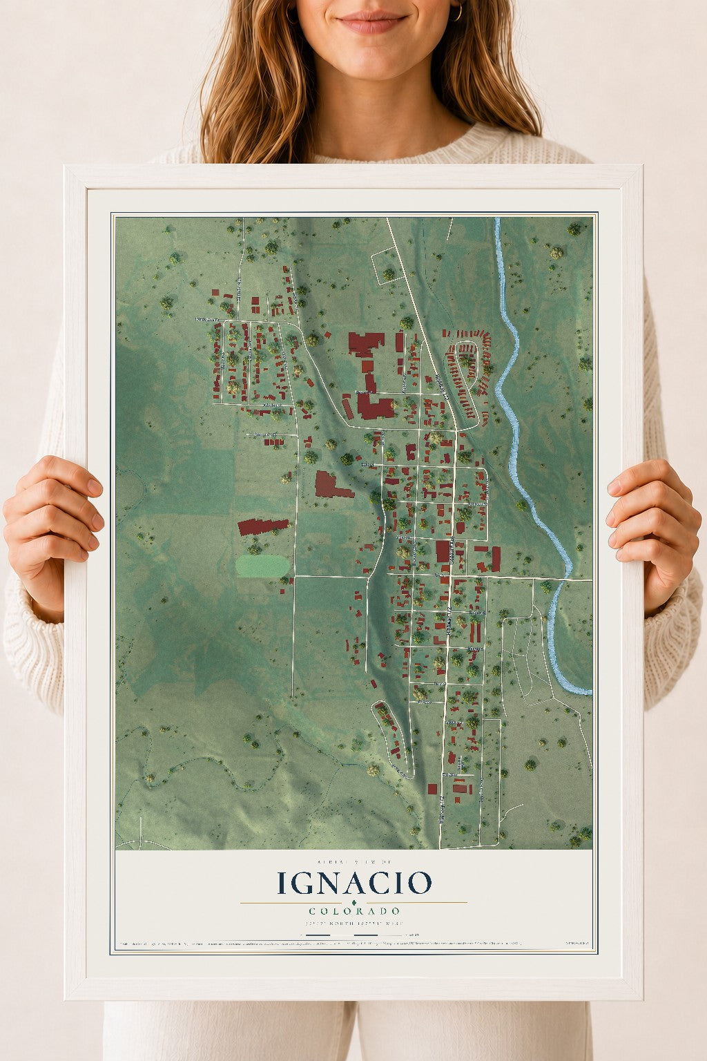 Map of Ignacio, Colorado, 18 x 24 inch print in a white wood frame