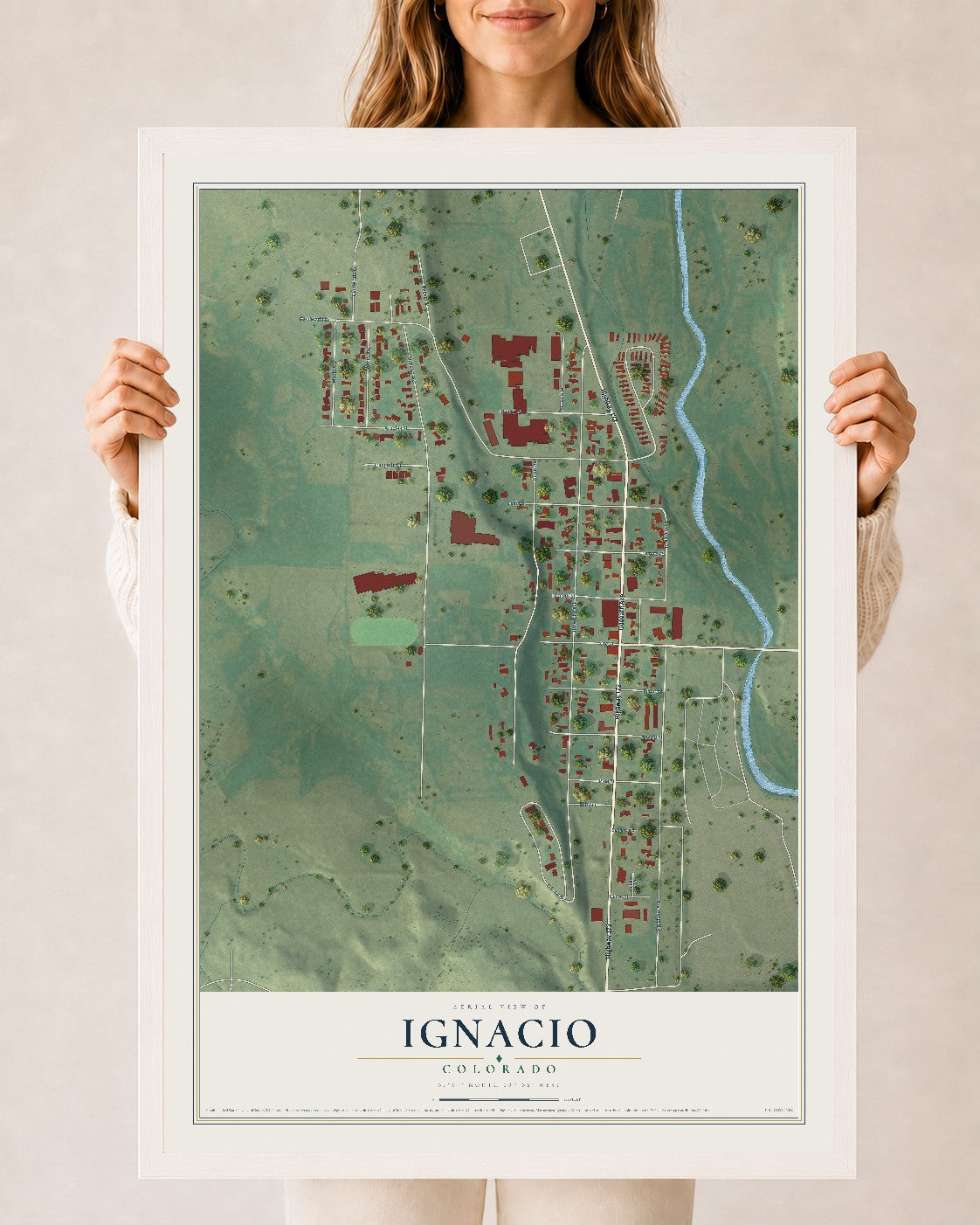 Map of Ignacio, Colorado, 24 x 36 inch print in a white wood frame