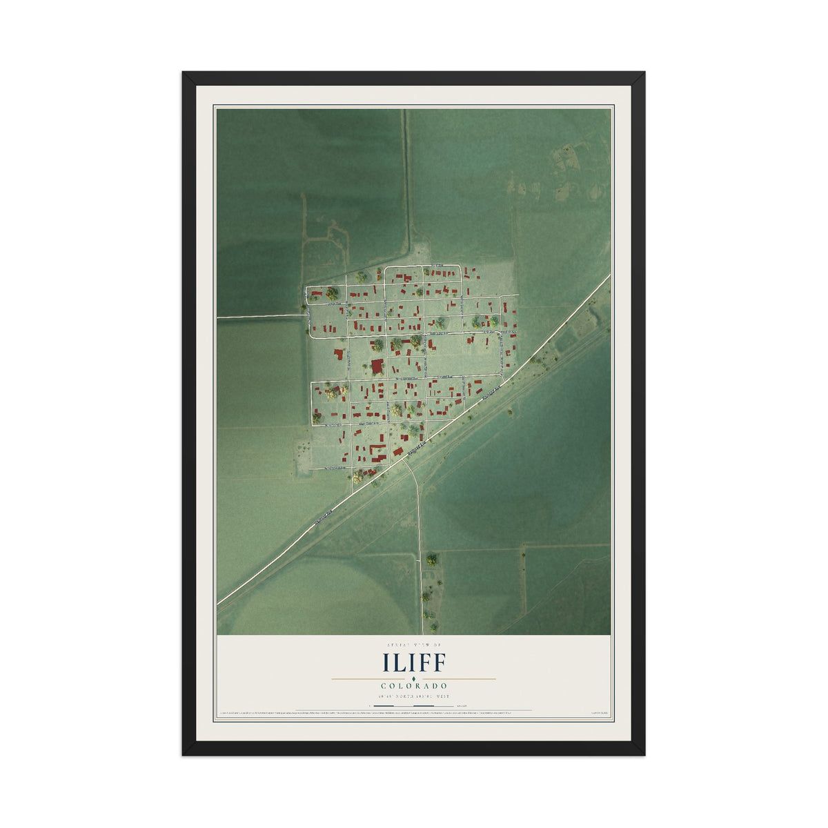 Map of Iliff, Colorado, 12 x 18 inch print in a black wood frame