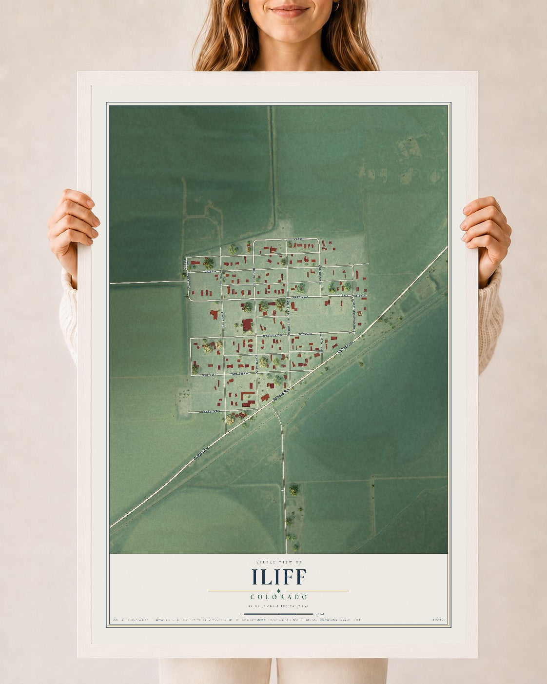 Map of Iliff, Colorado, 24 x 36 inch print in a white wood frame