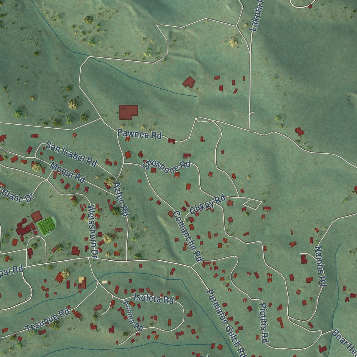 Close-up of the map of Indian Hills, Colorado print showing street and building detail