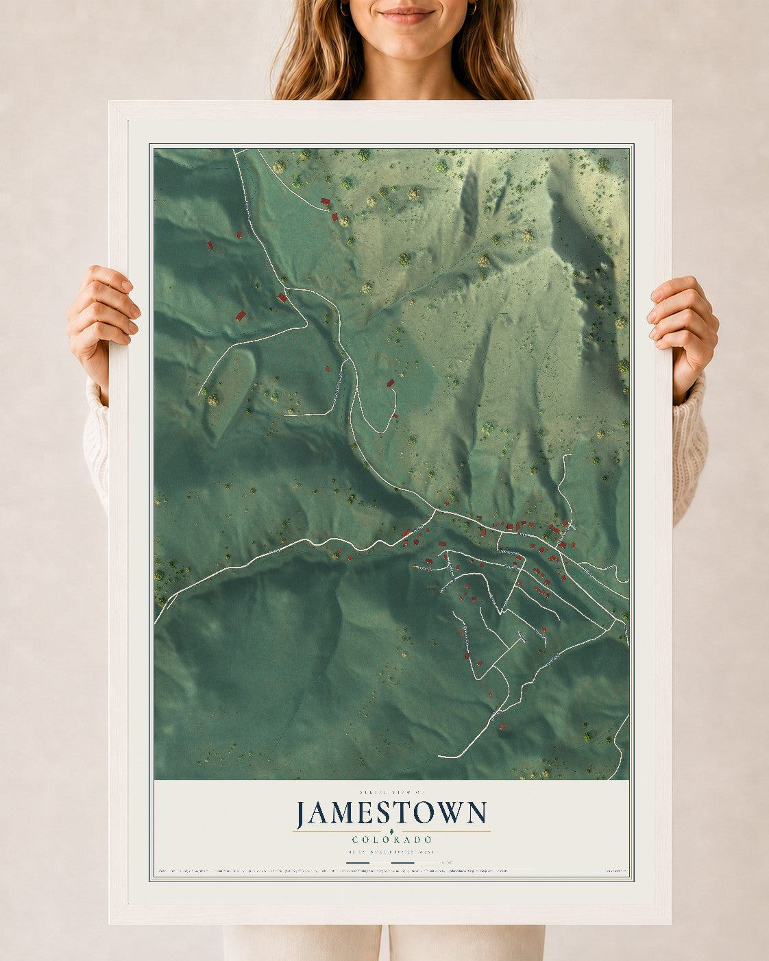 Map of Jamestown, Colorado, 24 x 36 inch print in a white wood frame