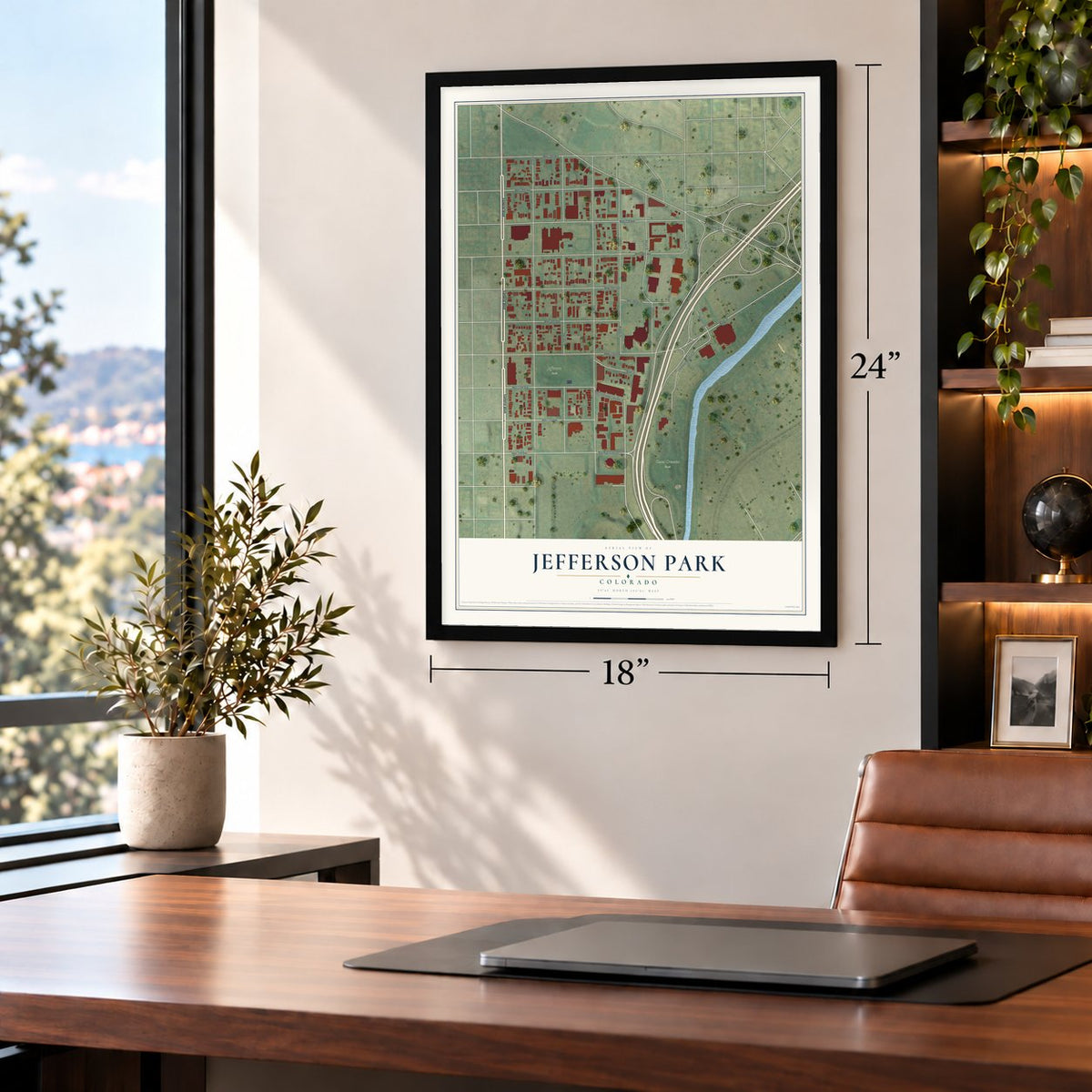 Jefferson Park, Colorado map, 18 x 24 inch print in a black frame in a home office