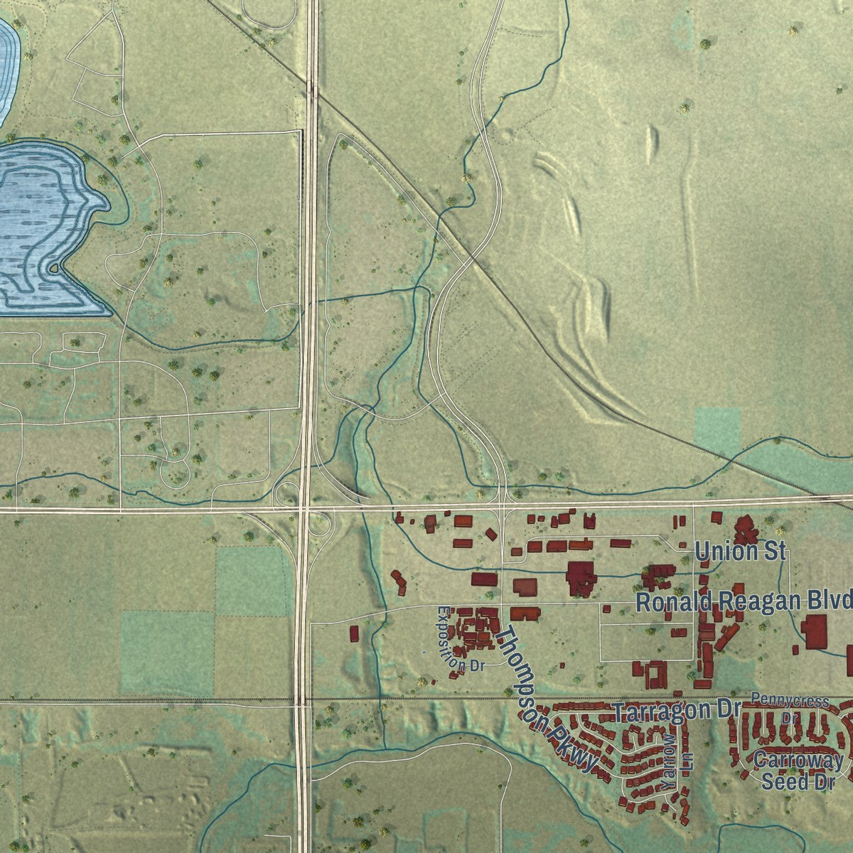 Close-up of the map of Johnstown, Colorado print showing street and building detail