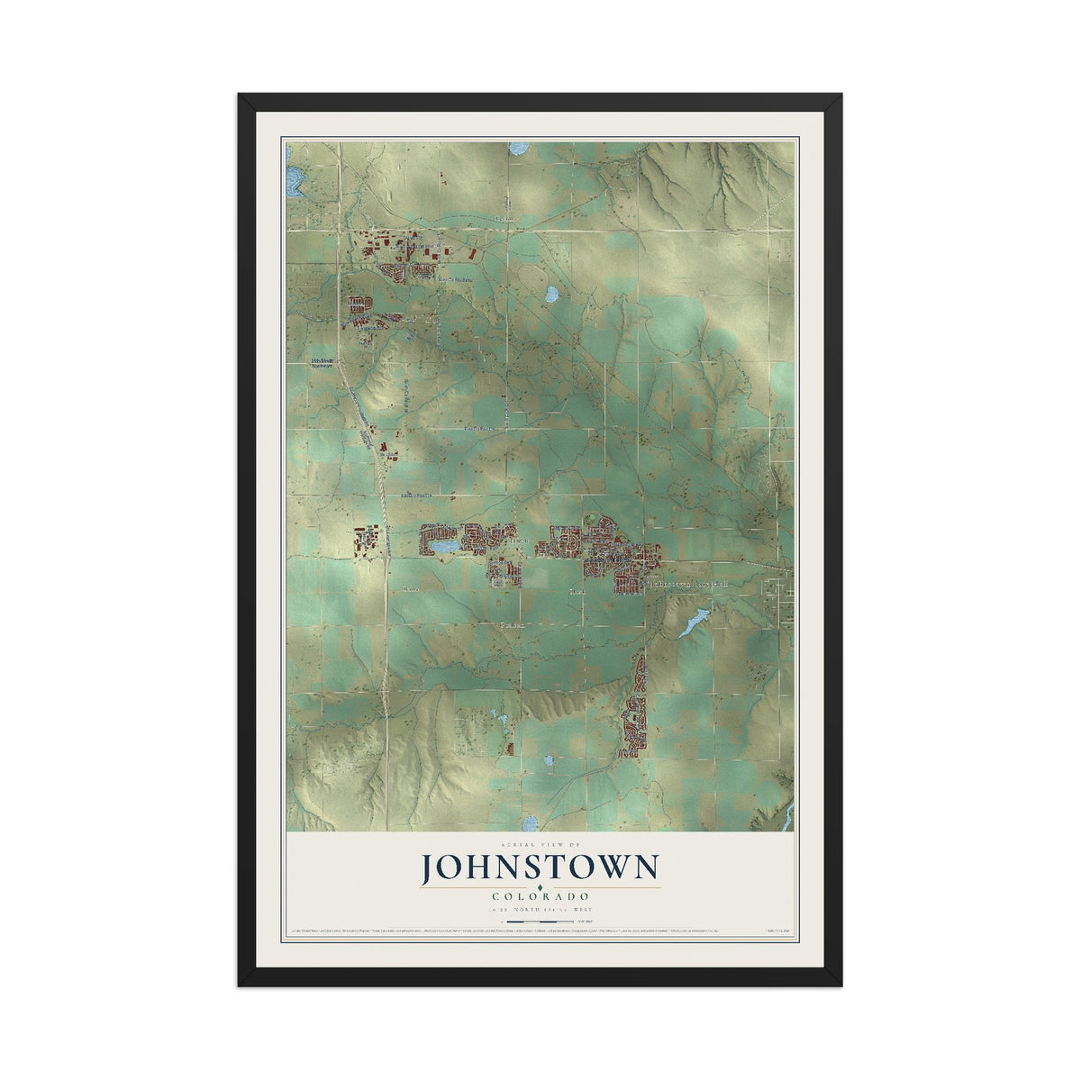 Map of Johnstown, Colorado, 12 x 18 inch print in a black wood frame