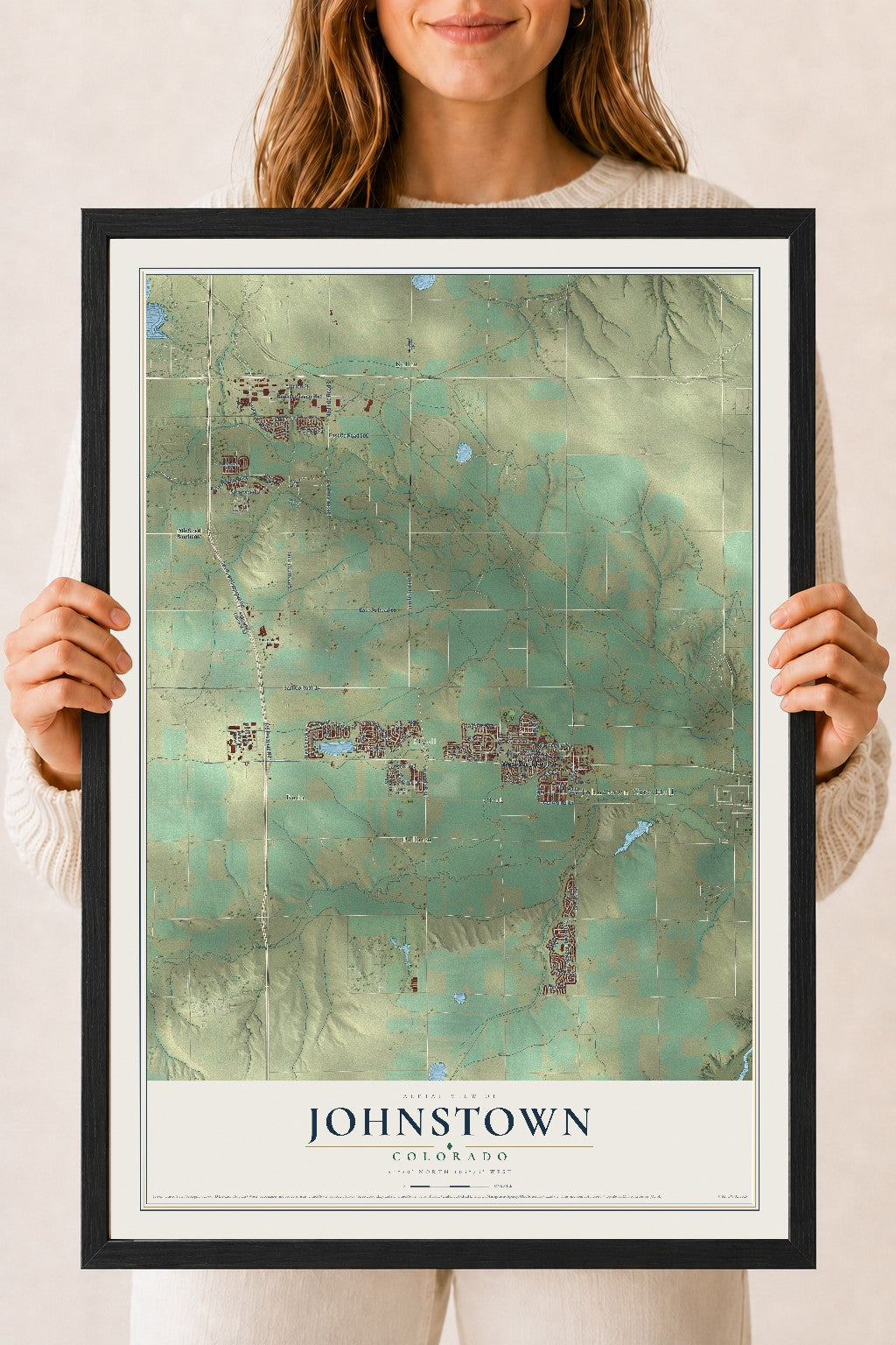 Map of Johnstown, Colorado, 18 x 24 inch print in a black wood frame