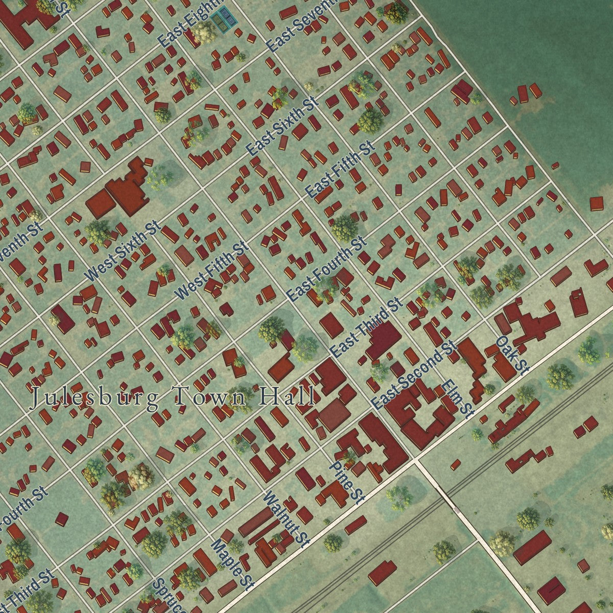 Close-up of the map of Julesburg, Colorado print showing street and building detail