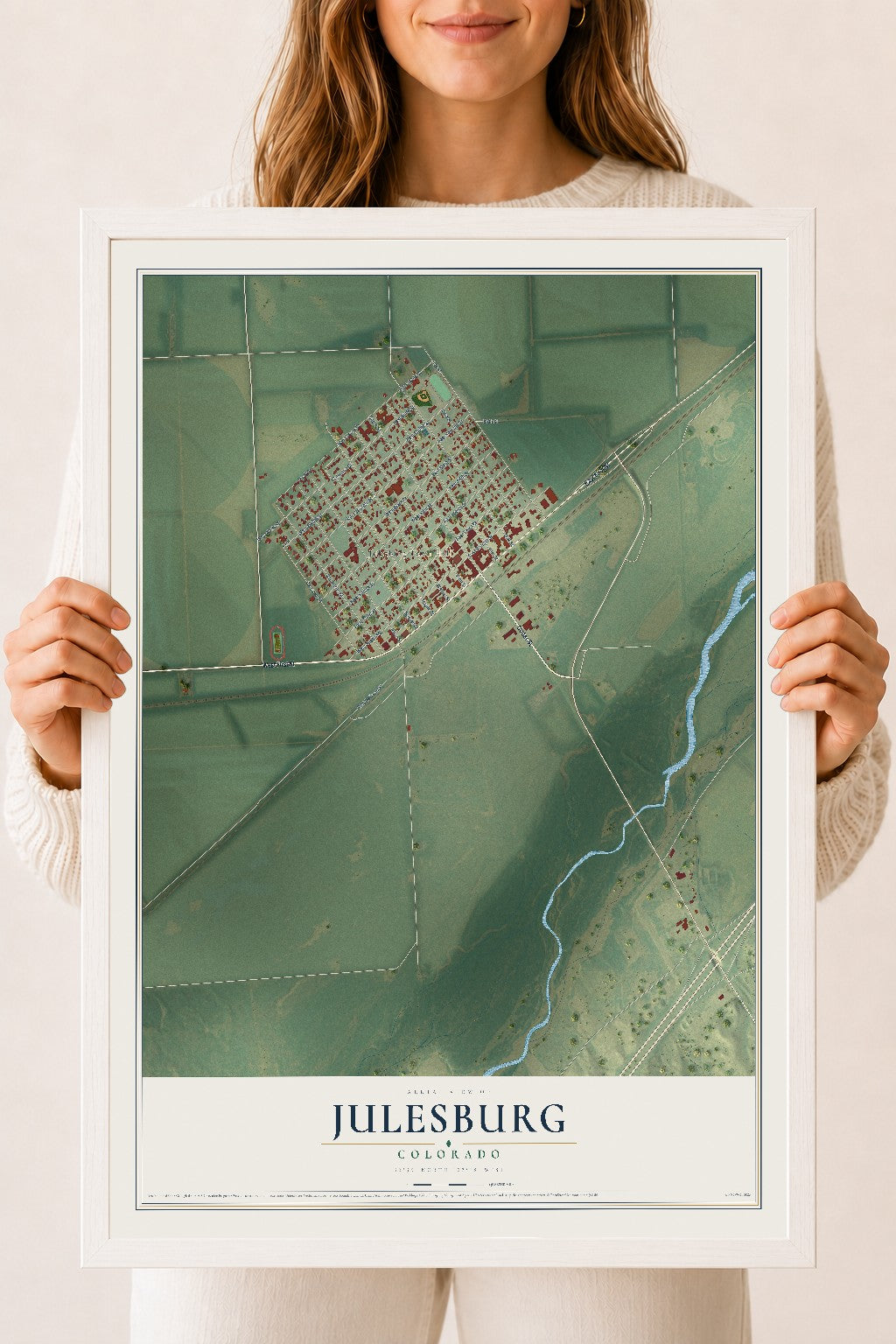 Map of Julesburg, Colorado, 18 x 24 inch print in a white wood frame