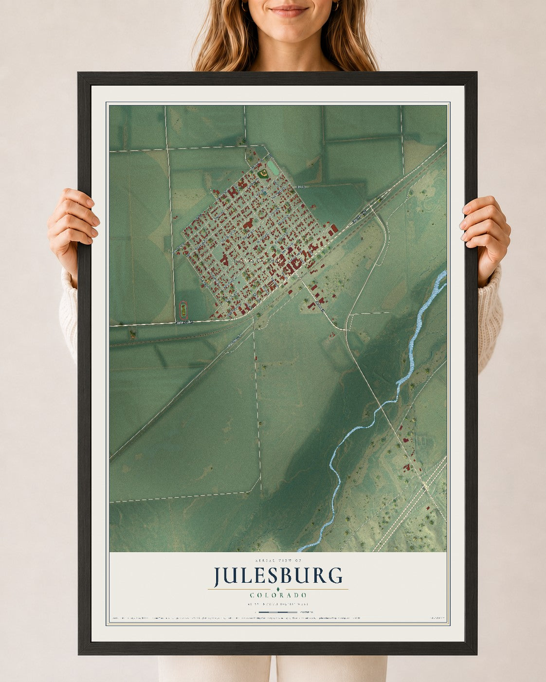 Map of Julesburg, Colorado, 24 x 36 inch print in a black wood frame