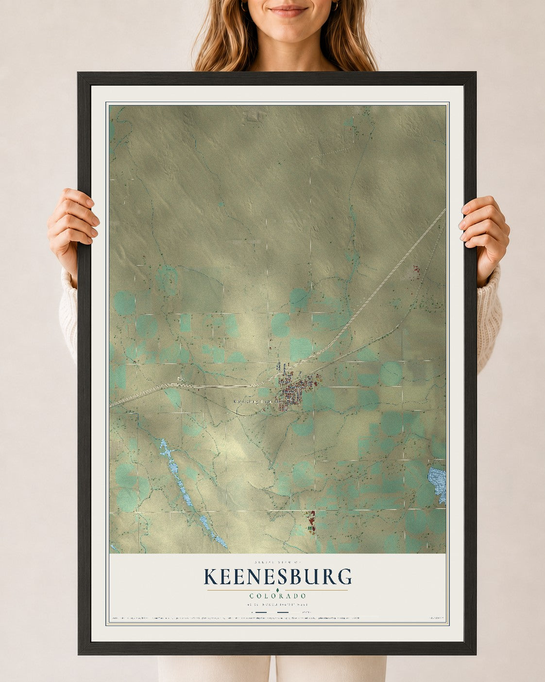 Map of Keenesburg, Colorado, 24 x 36 inch print in a black wood frame