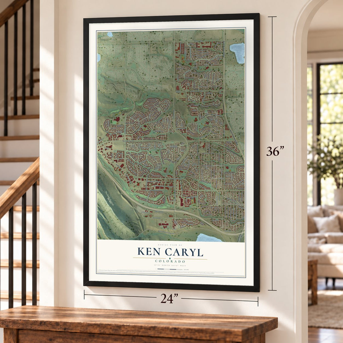 Ken Caryl, Colorado map, 24 x 36 inch print in a black frame by a staircase