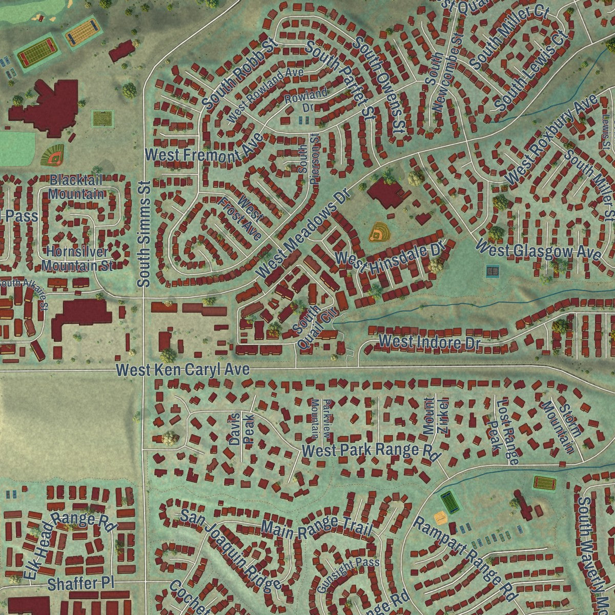 Close-up of the map of Ken Caryl, Colorado print showing street and building detail