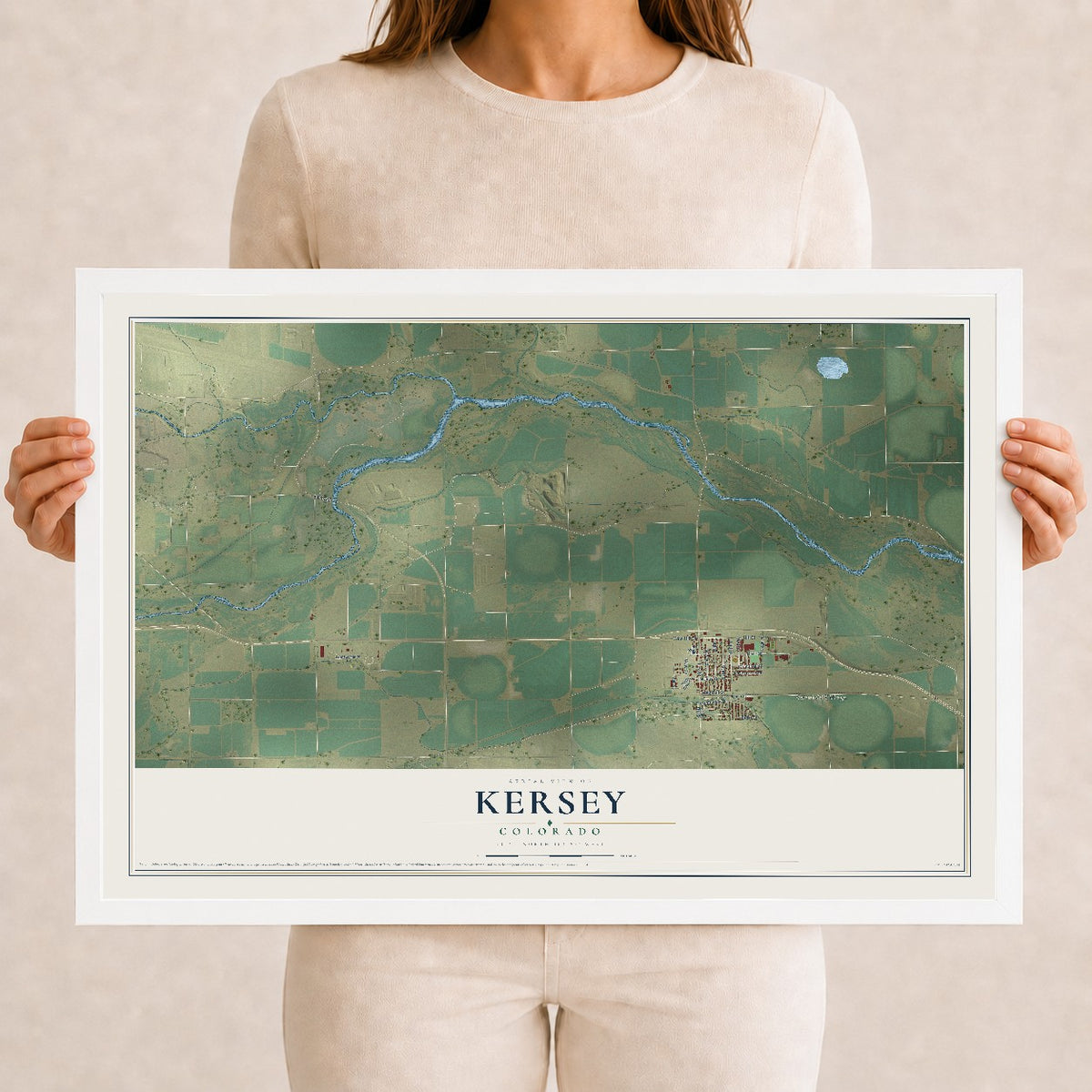 Map of Kersey, Colorado, 12 x 18 inch print in a white wood frame