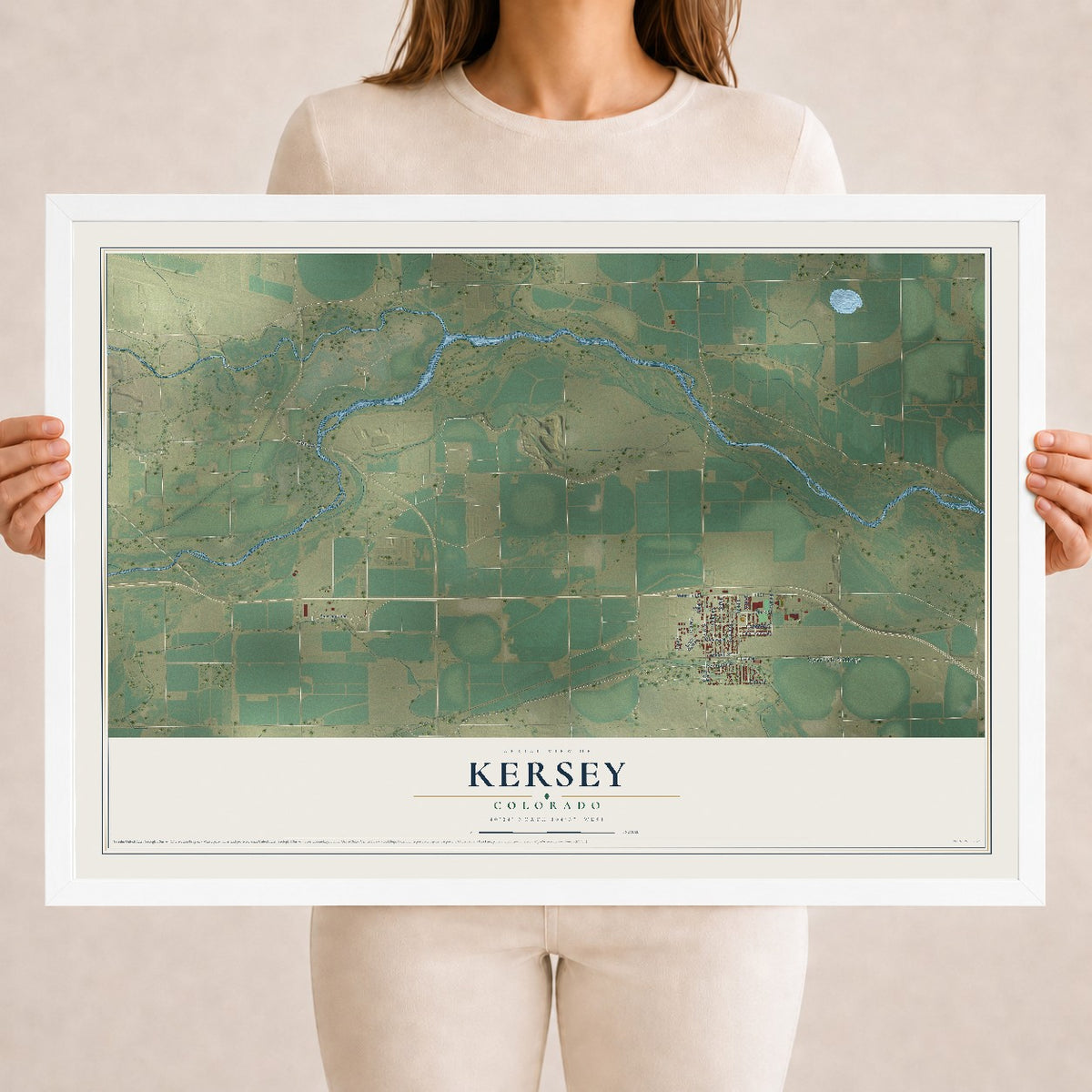Map of Kersey, Colorado, 18 x 24 inch print in a white wood frame