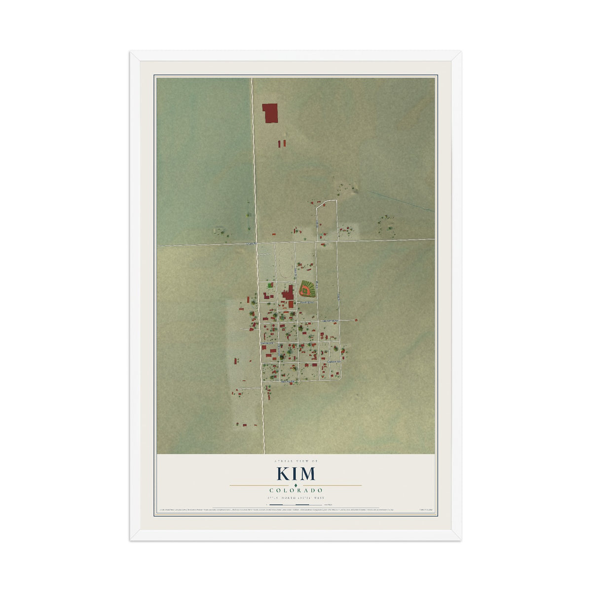 Map of Kim, Colorado, 12 x 18 inch print in a white wood frame