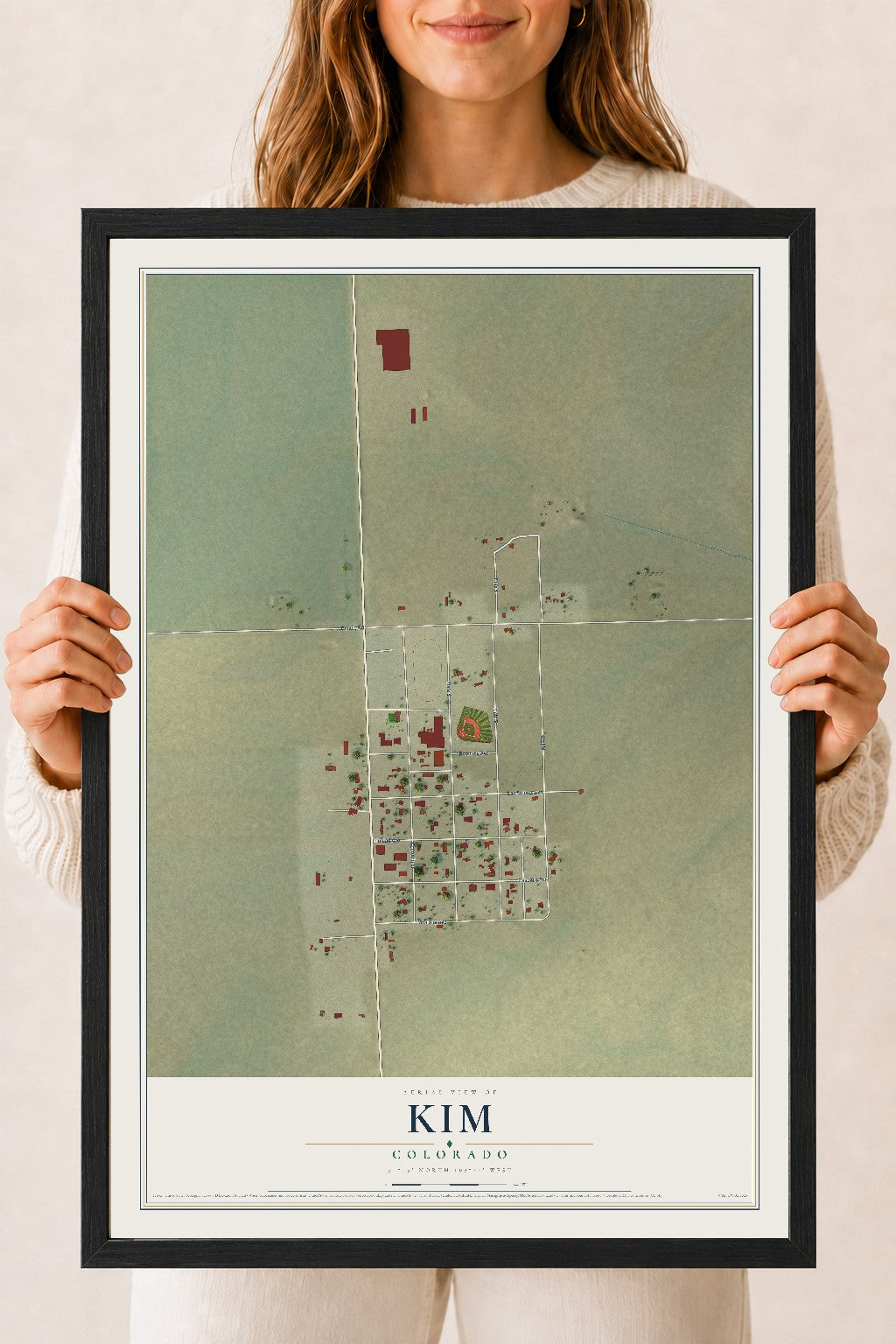 Map of Kim, Colorado, 18 x 24 inch print in a black wood frame