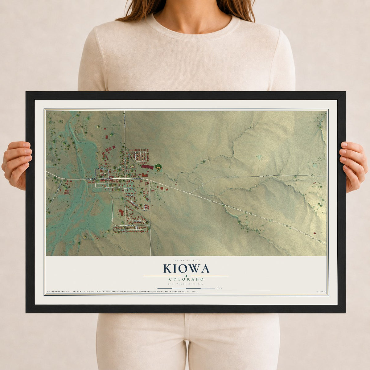 Map of Kiowa, Colorado, 12 x 18 inch print in a black wood frame