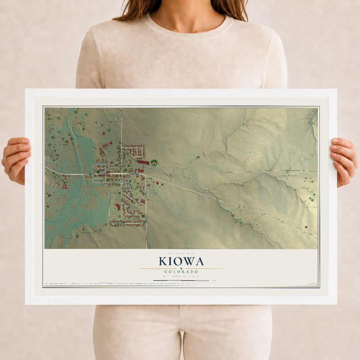 Map of Kiowa, Colorado, 12 x 18 inch print in a white wood frame