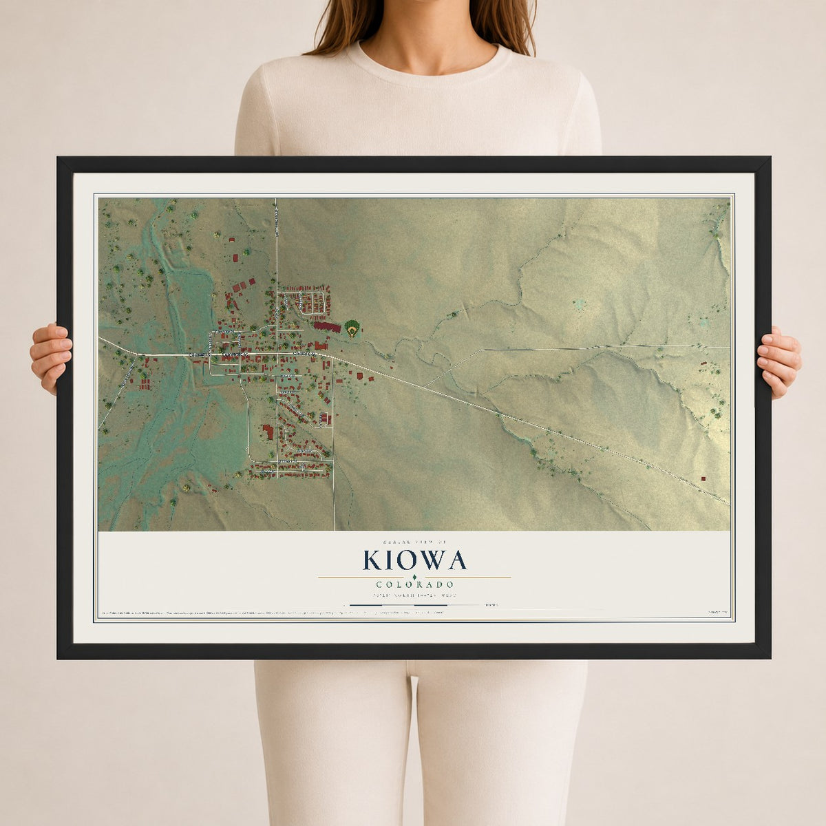 Map of Kiowa, Colorado, 24 x 36 inch print in a black wood frame