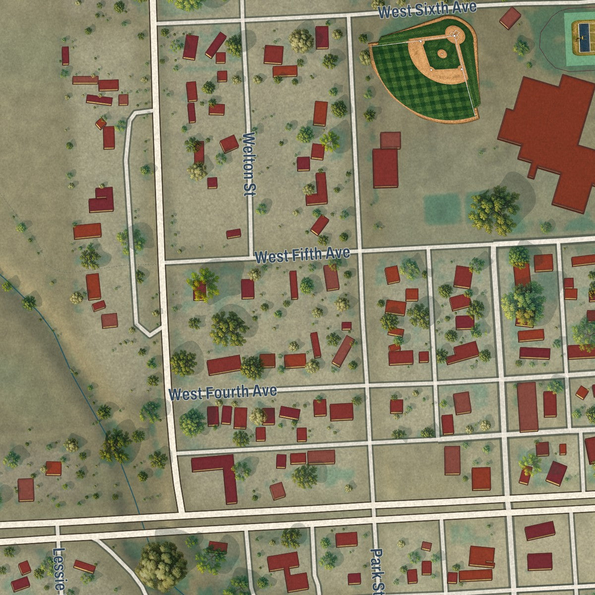 Close-up of the map of Kit Carson, Colorado print showing street and building detail